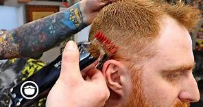 Red Hair Mid Skin Fade with Squared Beard Trim | The Dapper Den Barbershop