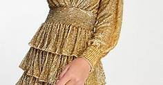 Miss Selfridge Premium festival embellished sequin tiered mini dress with long sleeve in gold  | ASOS
