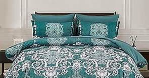 Turquoise Comforter Set Queen Size 7 Piece Bed in a Bag Boho Teal Paisley Damask Bedding Comforter with Sheets Set, Soft Microfiber Complete Bedding Set for All Season (90''x90'')