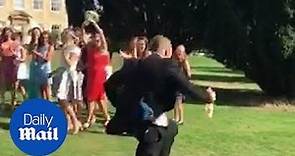 Boyfriend RUNS FOR THE HILLS as girlfriend catches wedding bouquet