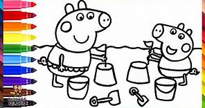 Dibuja y Colorea A Peppa Pig Y George Pig En La Playa 🐷🏰🌞🏖️🌴 Dibujos Para Niños