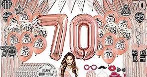 70th birthday decorations for women - (76pack) rose gold party Banner, Pennant, Hanging Swirl, birthday Balloons, Foil Backdrops, cupcake Topper, plates, Photo Props, Birthday Sash for gifts women
