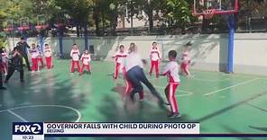 Newsom knocks down kid playing basketball