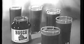 1950's TV Commercial: BOSCO Fortified Chocolate Syrup Singing television COW Ice Cream Cake Milk
