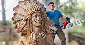 AMAZING CHAINSAW wood carving, Native American with wolves