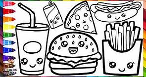Dibuja y Colorea Comida Rapida 🍔🍕🌭🥤 Dibujo De Hamburguesa, Pizza Y Hot Dog 🌈 Dibujos Para Niños