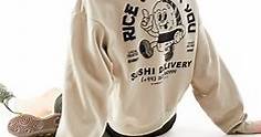 JJXX crew neck sweatshirt with sushi back print in beige | ASOS