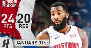 Andre Drummond Full Highlights Pistons vs Mavericks 2019.01.31 - 24 Pts, 20 Reb!