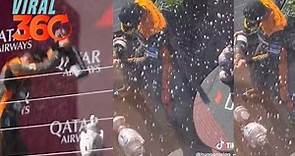 Lando Norris rompe trofeo de Max Verstappen durante su festejo