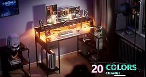 SUPERJARE L Shaped Gaming Desk with LED Lights & Power Outlets, Reversible Computer Desk with Shelves & Drawer, Corner Desk Home Office Desk, Carbon Fiber Black