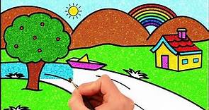 How to Draw Simple Landscape Picture | Glitter Painting for Kids | HooplaKidz How To