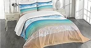 Lunarable Tropical Bedspread, Summer Season Scenic View Exotic Beach Seascape Relaxing Idyllic Scenery, Decorative Quilted 3 Piece Coverlet Set with 2 Pillow Shams, Queen Size, Brown Blue