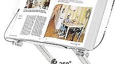 Acrylic Book Stand for Reading, Amasrich Adjustable Holder with 360° Rotating Base & Page Clips, Foldable Desktop Ricer for displaying Cookbook, Sheet Music,Laptop,Recipe,Textbook,Hands Free,Aluminium
