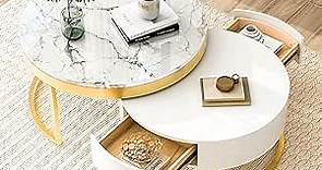 Merax Coffee Table, Modern Round Nested Coffee Table with 2 Drawers & Faux Marble Top, Contemporary Luxury Center Table Cocktail Table with Metal Frame for Living Room (White & Gold)