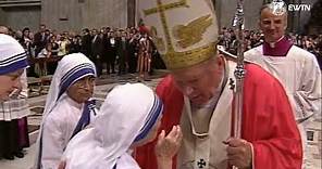 John Paul II greets and blesses Mother Teresa of Calcutta a few months before her death