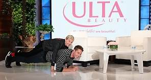 Justin Hartley Balances Ellen on His Back for Charity