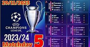 Champions League 2023/24 Standings | Matchday 5 | Table & Match Results: November 29, 2023