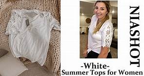 NIASHOT White T Shirts for Women V Neck Large size