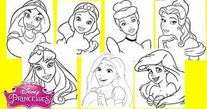Disney Princesses Coloring Pages - Jasmine Snow White Cinderella Ariel Belle Aurora Rapunzel