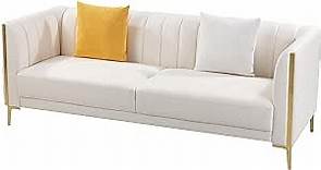 FOTOSOK 78'' Sofa, Modern White Couches for Living Room, Comfy, Faux Leather Sofa 3 Seater Sofa with 2 Throw Pillows and Gold Metal Legs, Deep Seat Sofas (Cream White)