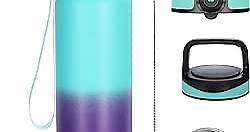 Oldley Insulated Water Bottle 32 oz Stainless Steel Water Bottles with Straw Lid/Chug Lid/Carabiner Lid,Double Wall Vacuum Wide Mouth Sweat/Leak-Proof for Sports Gym Travel Camping(Green-Purple)