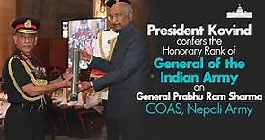 President confers Honorary Rank of General of Indian Army on General Sharma, COAS, Nepali Army.