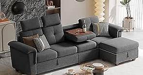 Pingliang Home Convertible Sectional Sofa with Storage, 4 Seat L Shaped Couch with Chaise and Cup Holder, Modern Microfiber Fabric Sofas Couches for Living Room, Apartment, Office (Dark Grey)
