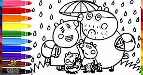 Dibuja y Colorea A Peppa Pig Y A Su Familia Bajo La Lluvia 🐷☔🎒🌈 Dibujos Para Niños