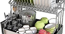 BOOSINY Dish Drying Rack, 304 Stainless Steel 2 Tier Large Dish Rack and Drainboard Set with Swivel Spout Drainage, Full Size Dish Drainer with Utensil Holder for Kitchen Counter of Big Family