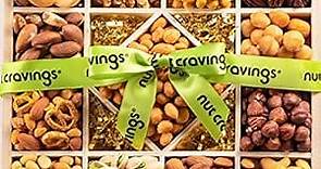 NUT CRAVINGS Gourmet Collection - Fathers Day Mixed Nuts Gift Basket in Reusable Diamond Wooden Tray + Green Ribbon (13 Assortments) Teacher Appreciation Arrangement Platter, Healthy Kosher