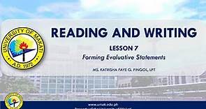 Lesson 7: Forming Evaluative Statements | Reading and Writing