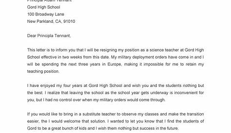 teacher letter of resignation sample
