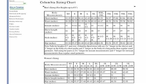 Columbia Outdoor Clothing Sizing Chart | Waist | Clothing