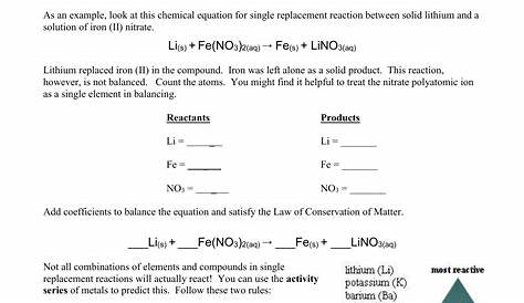 single replacement reaction worksheet