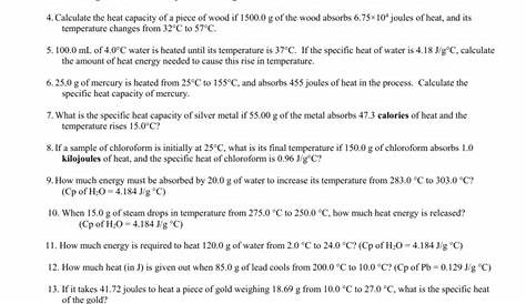 specific heat capacity worksheets