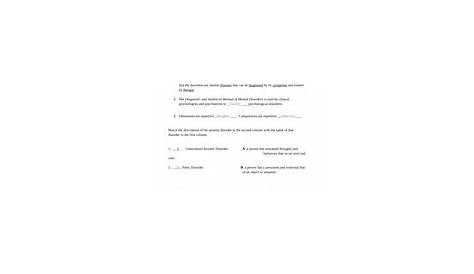 PSY201 - Psy 201 Psychological Disorder Worksheet Student Answers