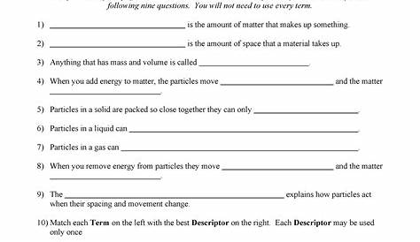states of matter worksheets grade 7 with answers