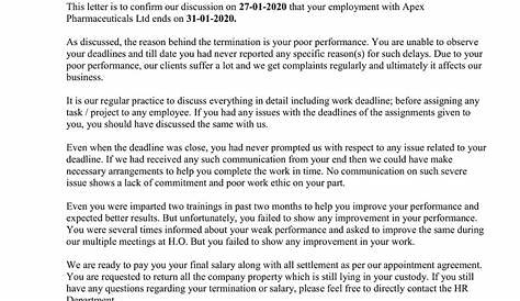 sample termination letter to employee for poor performance