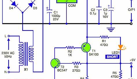 5V DC Regulated Power Supply with Short Circuit Protection - Schematic