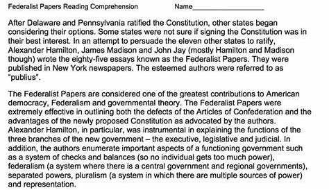 Federalist Papers Reading Comprehension