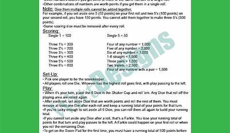 PDF 8.5x11 Farkle rules instant download PDF file to save and