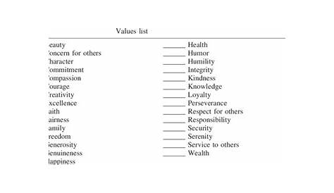 printable list of values