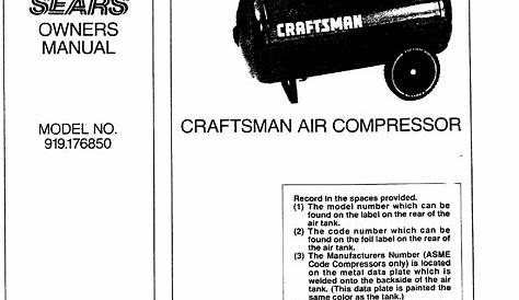 Craftsman 919176850 User Manual AIR COMPRESSOR Manuals And Guides L0807019