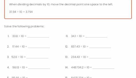Numeracy: Dividing decimals by 10, 100 and 1000 | Worksheet