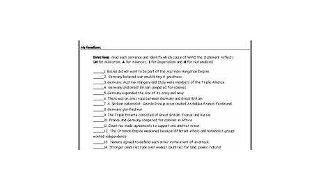 World War I Causes Idenfitication Worksheet with Answer Key | TpT
