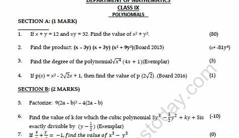 CBSE Class 9 Mathematics Polynomials Worksheet Set B