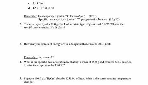 specific heat capacity worksheets answers