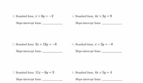 standard to slope intercept form worksheets