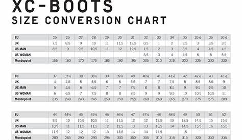 Cross Country Ski Boot Size Chart