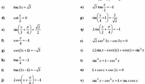 Trigonometric Equations Formula with Worksheets